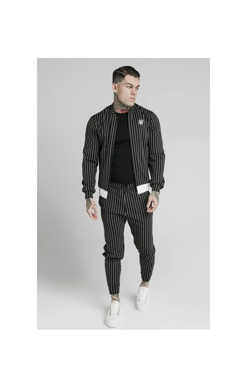 SikSilk Pinstripe Bomber Jacket - Black & White 3 SikSilk Pinstripe Bomber Jacket - Black & White