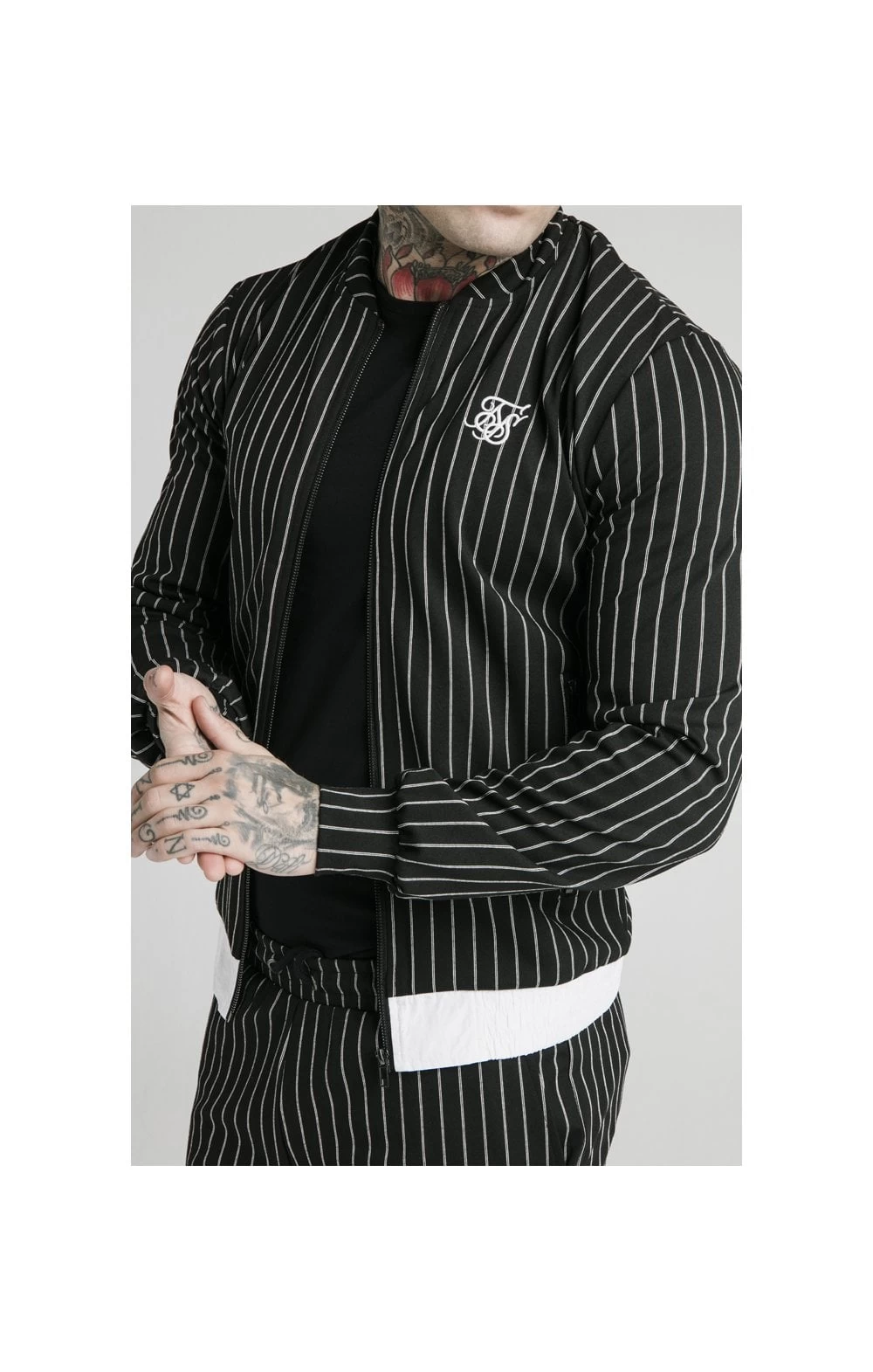 SikSilk Pinstripe Bomber Jacket - Black & White 4 SikSilk Pinstripe Bomber Jacket - Black & White - Image 2