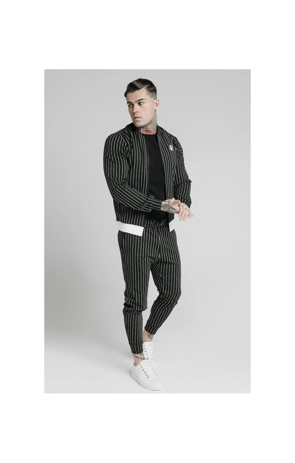 SikSilk Pinstripe Bomber Jacket - Black & White 5 SikSilk Pinstripe Bomber Jacket - Black & White - Image 3