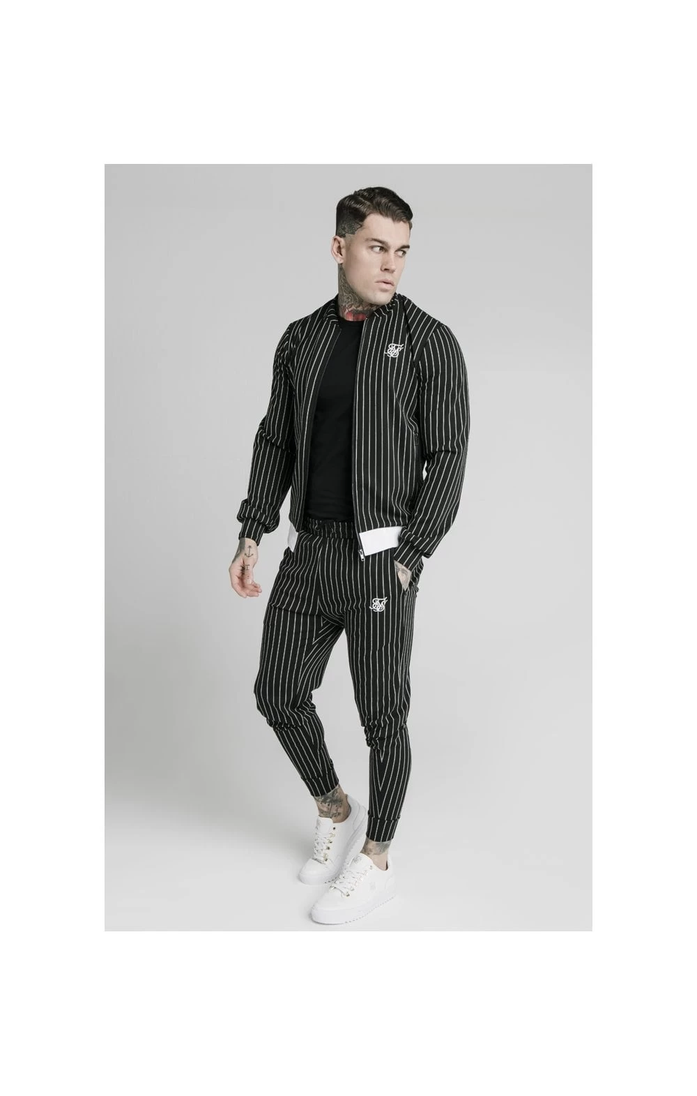SikSilk Pinstripe Bomber Jacket - Black & White 6 SikSilk Pinstripe Bomber Jacket - Black & White - Image 4