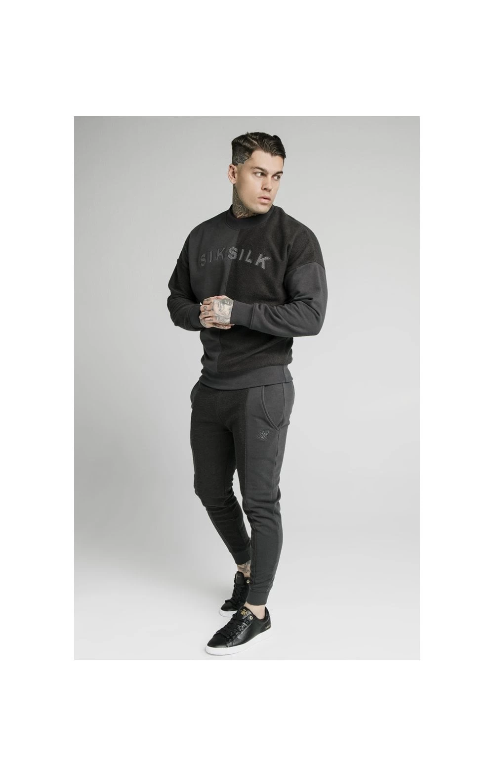 SikSilk Half & Half Crew Sweater – Washed Grey 5 SikSilk Half & Half Crew Sweater – Washed Grey - Image 3