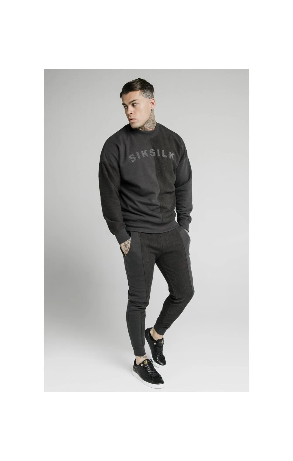 SikSilk Half & Half Crew Sweater – Washed Grey 7 SikSilk Half & Half Crew Sweater – Washed Grey - Image 5