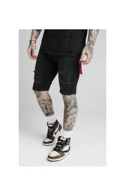 SikSilk Distressed Denim Flight Shorts – Washed Black