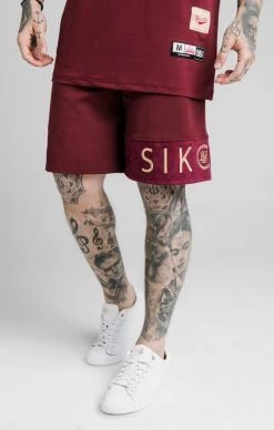 SikSilk Eyelet Panel Relaxed Fit Shorts - Burgundy & Gold