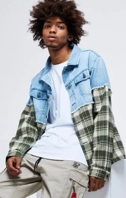 SikSilk Green Plaid Contrast Denim Jacket