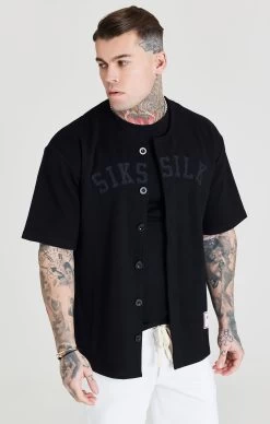 SikSilk Black Applique Logo Baseball Jersey