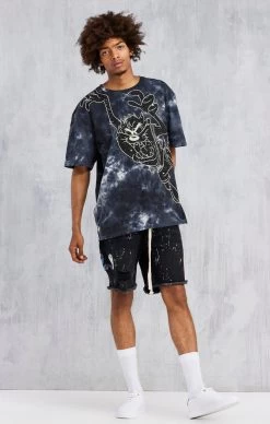 Black Space Jam X SikSilk Applique Distressed Denim Short -Style Zone Shop SS 21605 2