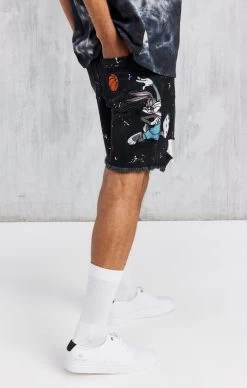 Black Space Jam X SikSilk Applique Distressed Denim Short