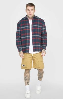 SikSilk Navy Towelling Logo Long Sleeve Check Shirt -Style Zone Shop SS 22251 3