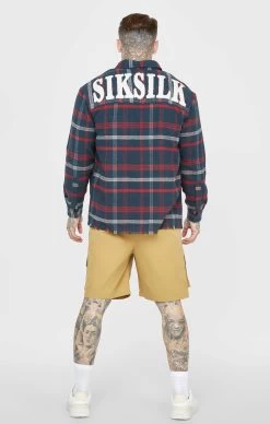 SikSilk Navy Towelling Logo Long Sleeve Check Shirt -Style Zone Shop SS 22251 5
