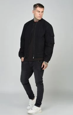 SikSilk Black Repeat Logo Denim Bomber Jacket -Style Zone Shop SS 22566 3 05975693 4abb 4f3f 9315 fe4876a637dc