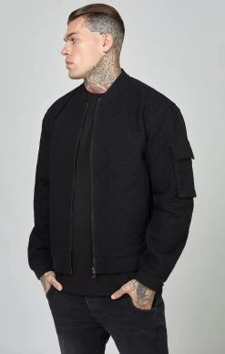 SikSilk Black Repeat Logo Denim Bomber Jacket -Style Zone Shop SS 22566 4 01