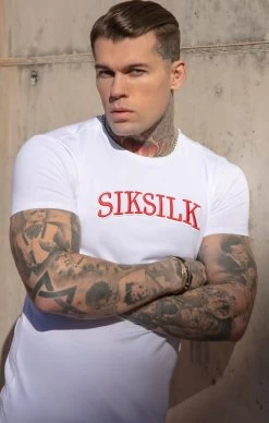 SikSilk White Logo Short Sleeve Muscle Fit T-Shirt
