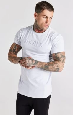 SikSilk White Embroidered Muscle Fit T-Shirt
