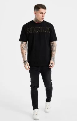 SikSilk Black Oversized Rhinestone Logo T-Shirt -Style Zone Shop SS 23543 3