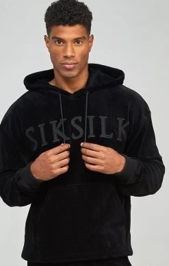 SikSilk Black Corduroy Applique Logo Overhead Hoodie