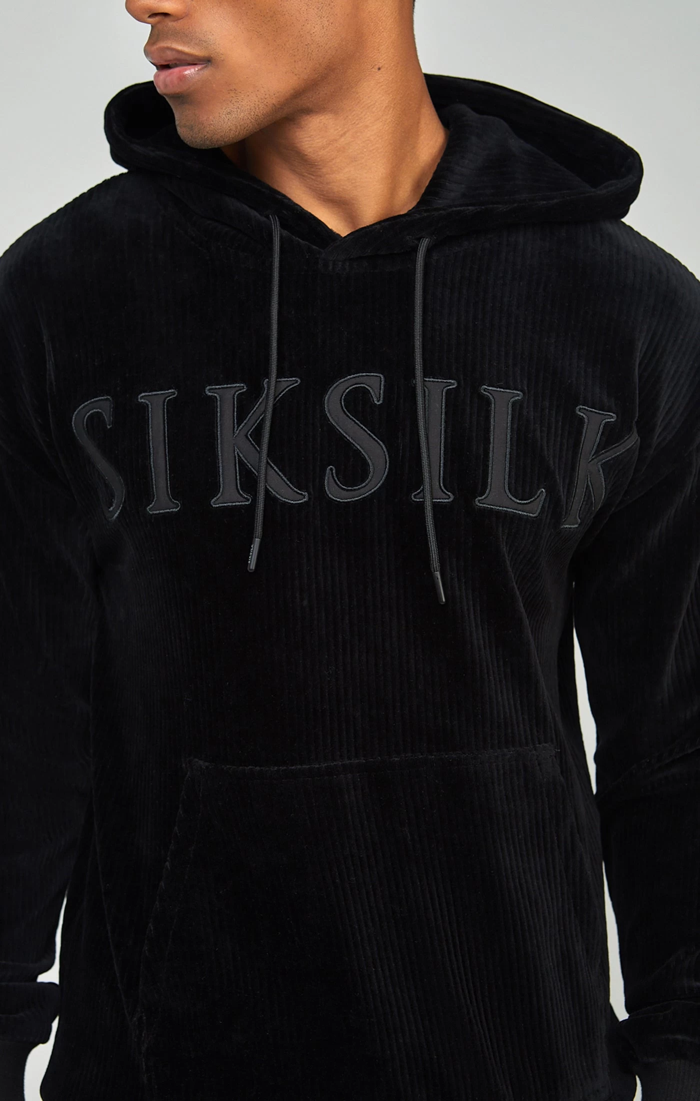 SikSilk Black Corduroy Applique Logo Overhead Hoodie 4 SikSilk Black Corduroy Applique Logo Overhead Hoodie - Image 2