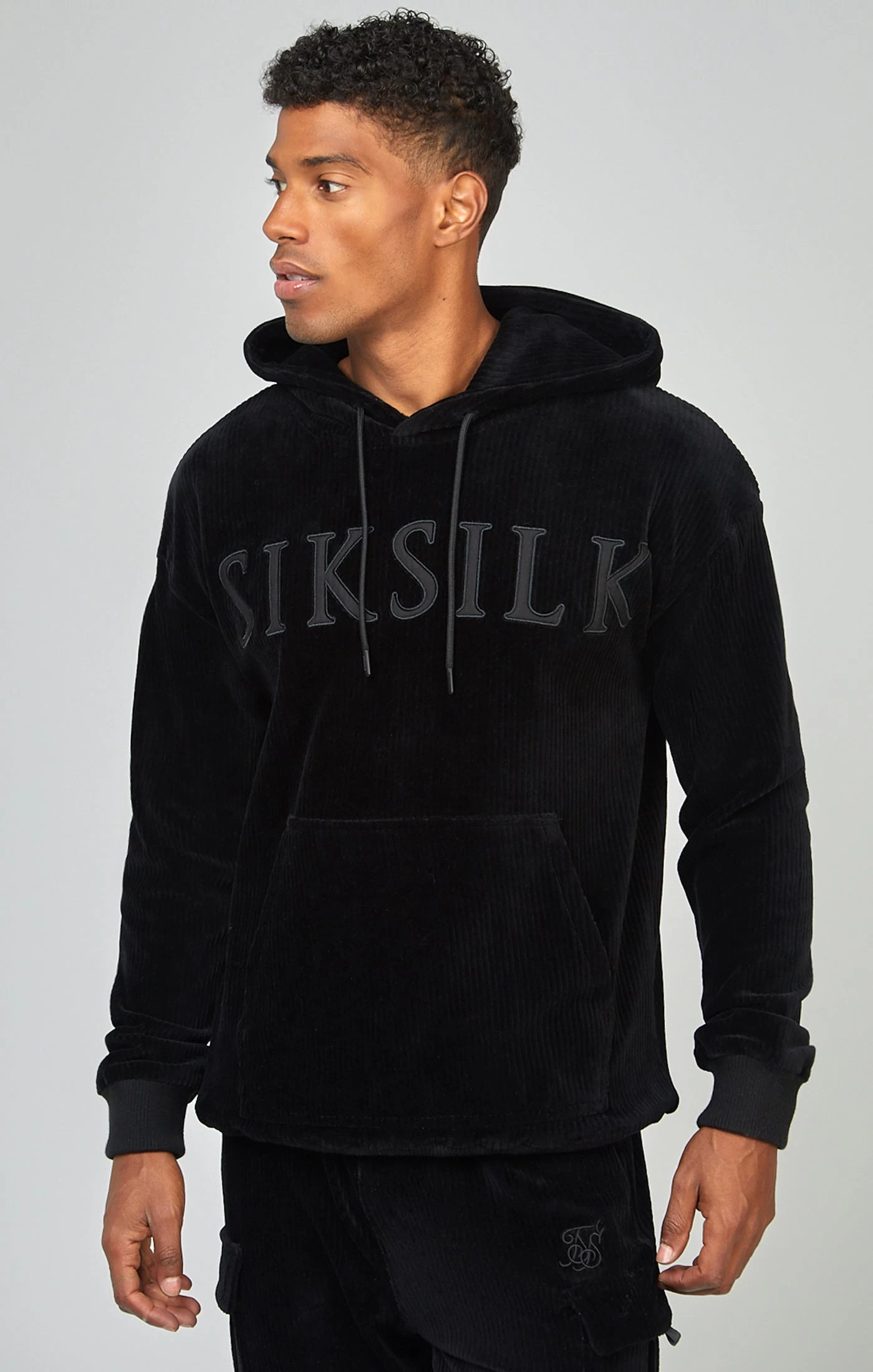 SikSilk Black Corduroy Applique Logo Overhead Hoodie 6 SikSilk Black Corduroy Applique Logo Overhead Hoodie - Image 4