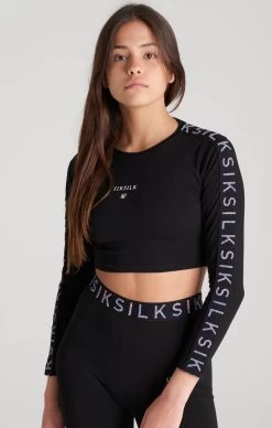 SikSilk Girls Black Taped Long Sleeve Cropped T-Shirt