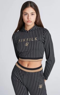 SikSilk Girls Black Baseball Stripe Cropped Hoodie
