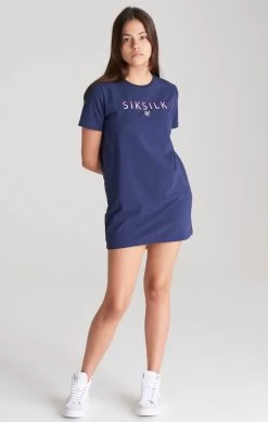 SikSilk Girls Navy Fade Logo T-Shirt Dress
