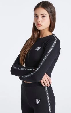 SikSilk Girls Black Ribbed Taped Cropped T-Shirt