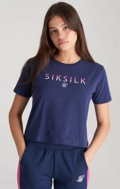 SikSilk Girls Navy Fade Logo Cropped T-Shirt