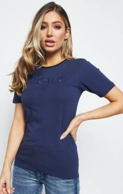 SikSilk Rib Knit Collar Ringer Tee - Navy