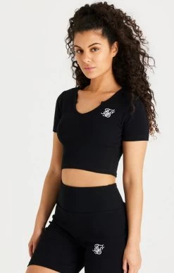 SikSilk Black Scoop Neck Ribbed Crop T-Shirt