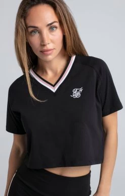 SikSilk Black Varsity V-Neck Crop T-Shirt