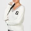 SikSilk Ecru Varsity Cable Knit Sweater -Style Zone Shop SSW 4074 1A