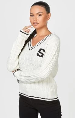 SikSilk Ecru Varsity Cable Knit Sweater