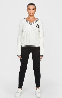 SikSilk Ecru Varsity Cable Knit Sweater -Style Zone Shop SSW 4074 3A