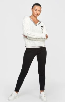 SikSilk Ecru Varsity Cable Knit Sweater -Style Zone Shop SSW 4074 4A
