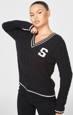 SikSilk Black Varsity Cable Knit Sweater