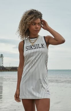 SikSilk Ecru Basketball Pinstripe Dress