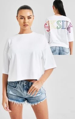 SikSilk White Branded Crop T-Shirt Rainbow