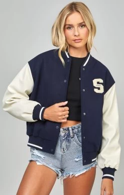 SikSilk Navy Varsity Bomber Jacket