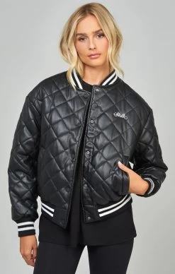 SikSilk Black Pu Quilted Varsity Jacket