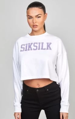 SikSilk White Crop Varsity Sweatshirt